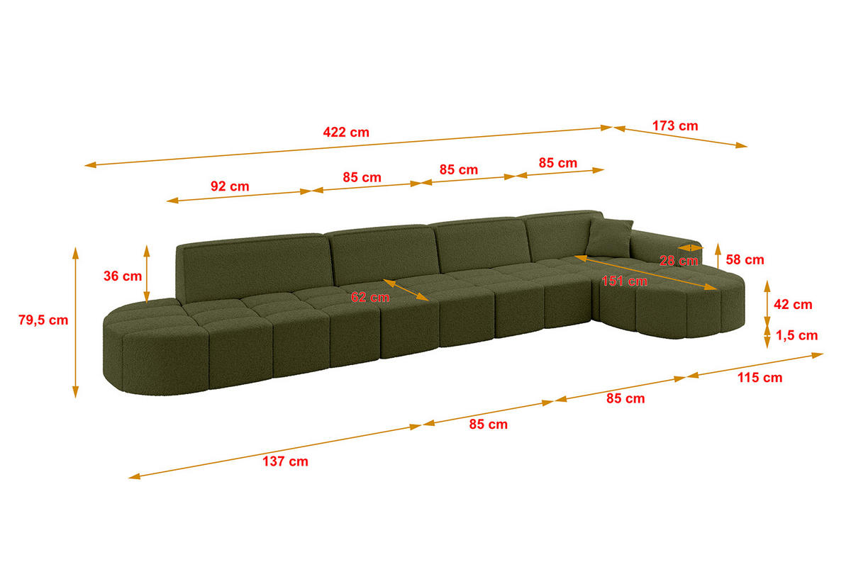 ECKSOFA Ottomane Rechts LIVO-L3 - 422x173x79,5 cm Grün - Grün, Holzwerkstoff/Textil (422/173cm) - ALTDECOR