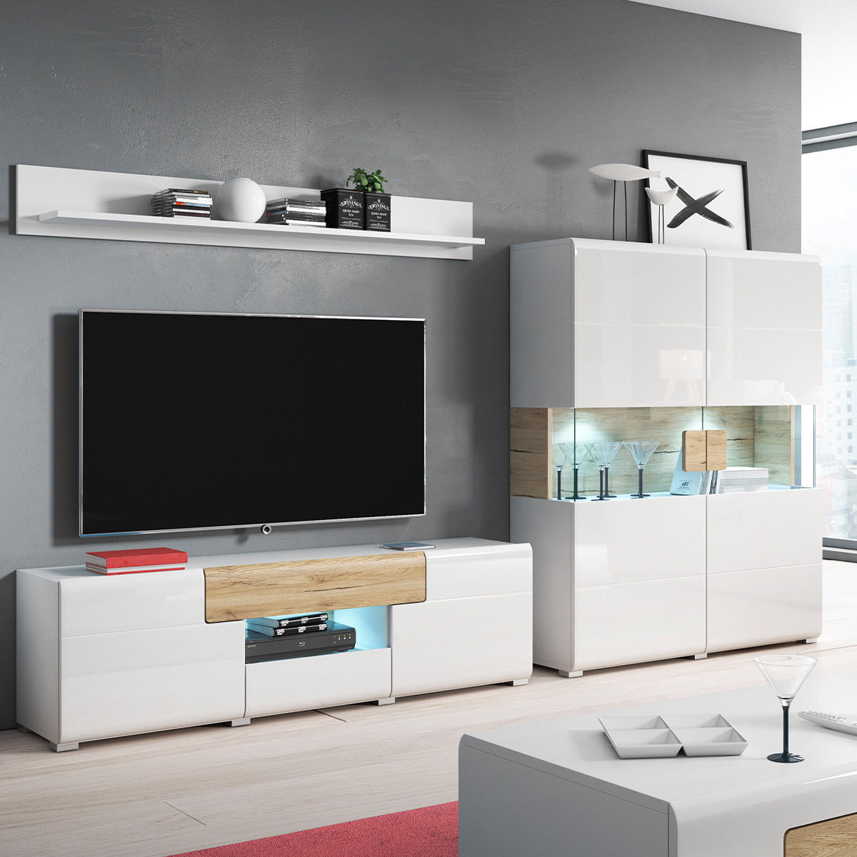 VITRÍNA Jules Bílá a dřevo - bílá, kompozitní dřevo (122/152/39cm) - Petits-meubles