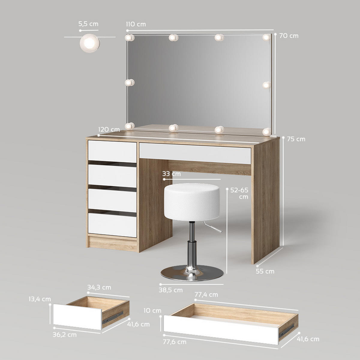 SCHMINKTISCH Imola Weiß/Sonoma mit LED Beleuchtung und Hocker - Weiß/Sonoma Eiche, Holzwerkstoff (120/75/55cm) - Livinity®