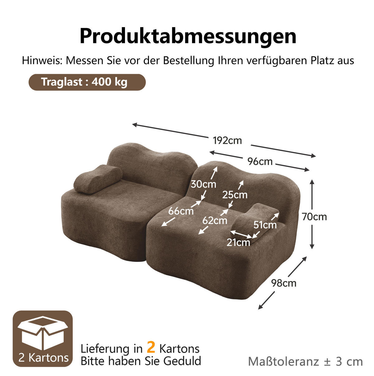 SOFA 192/98/70 cm in Braun aus Samt, rahmenlos und ohne Aufbau - Braun, Textil (98/70/192cm) - Flora Grace
