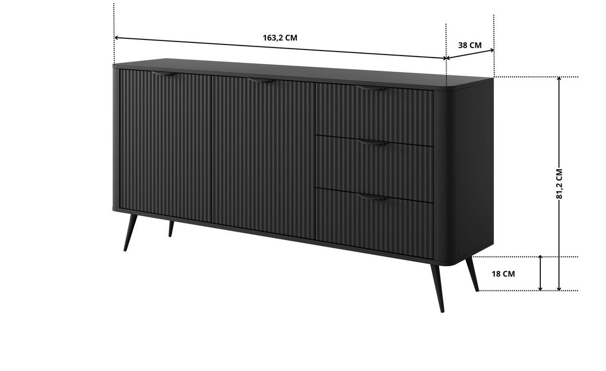 SIDEBOARD Flore 163 cm Schwarz - mit 3 Schubladen und 2 Türen - Riffel-Optik - Schwarz, Holz/Holzwerkstoff (163/81/38cm) - Ravio
