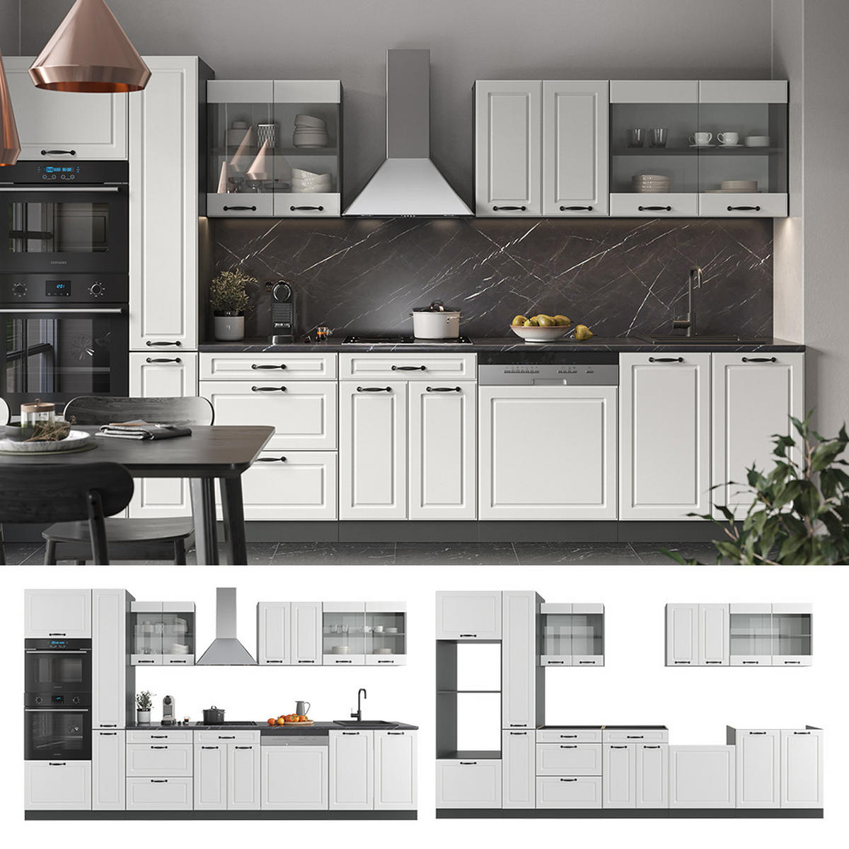 KÜCHENZEILE R-Line Weiß Landhaus/Anthrazit 350 cm mit Hochschrank ohne AP - Anthrazit/Creme, Holzwerkstoff (350/81.6/46cm) - Vicco