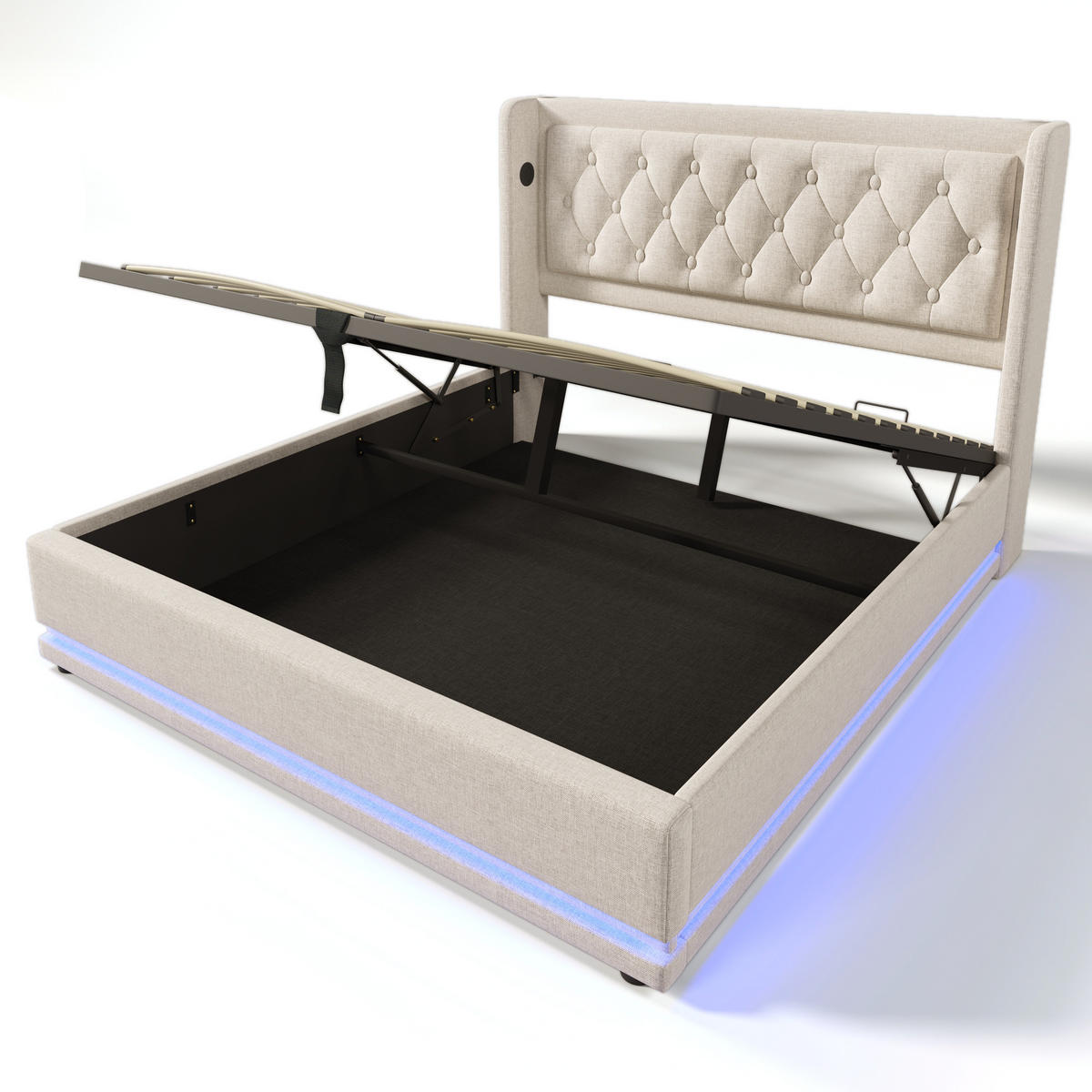 POLSTERBETT 160/200 cm Beige Baumwolle mit USB- und Type-C-Anschlüssen und 3-seitiger LED-Beleuchtung - Beige, Textil (160/200cm) - OKWISH