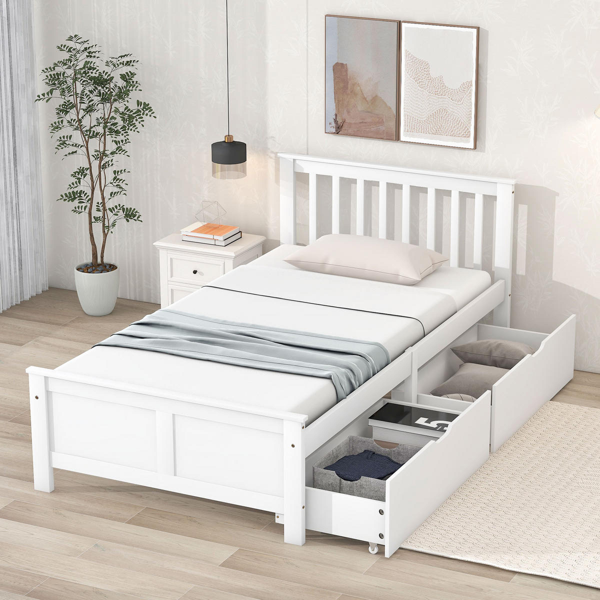 BETT 90x200 cm Holz Schubladen weiß - Weiß, Holz (90/200cm) - LEBENLANG