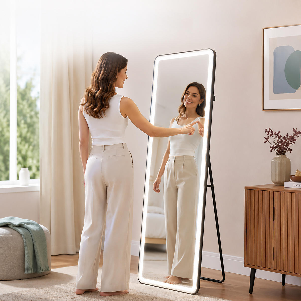 OGLEDALO Crno pravokutno LED rasvjeta 160x50 cm - crna, staklo/drvni materijal (50/160/4.5cm) - Relaxdays