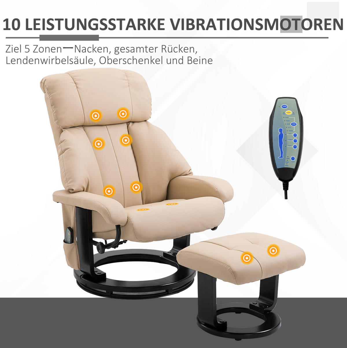 MASSAGESESSEL in Cremeweiß 80x76x102 cm mit Hocker und verstellbarer Rückenlehne - Creme, Kunststoff (76/102/80cm) - IVMEU