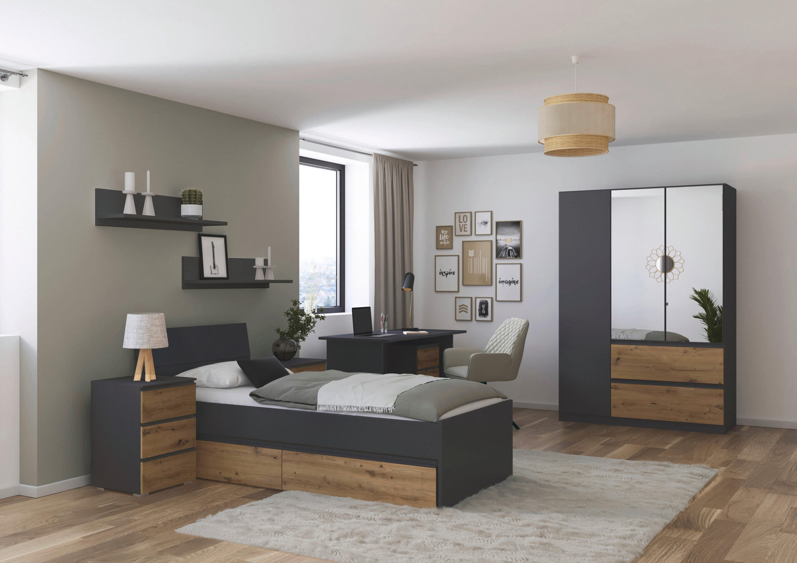 JUGENDZIMMER Joel in Grau Metallic und Artisan Eiche 5 teilig – mit 3trg Kleiderschrank, 90er Bett, Nachttisch, Schreibtisch und Rollcontainer - Grau, Holzwerkstoff (80/200/120cm)