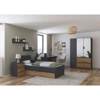 JUGENDZIMMER Joel in Grau Metallic und Artisan Eiche 5 teilig – mit 3trg Kleiderschrank, 90er Bett, Nachttisch, Schreibtisch und Rollcontainer - Grau, Holzwerkstoff (80/200/120cm)