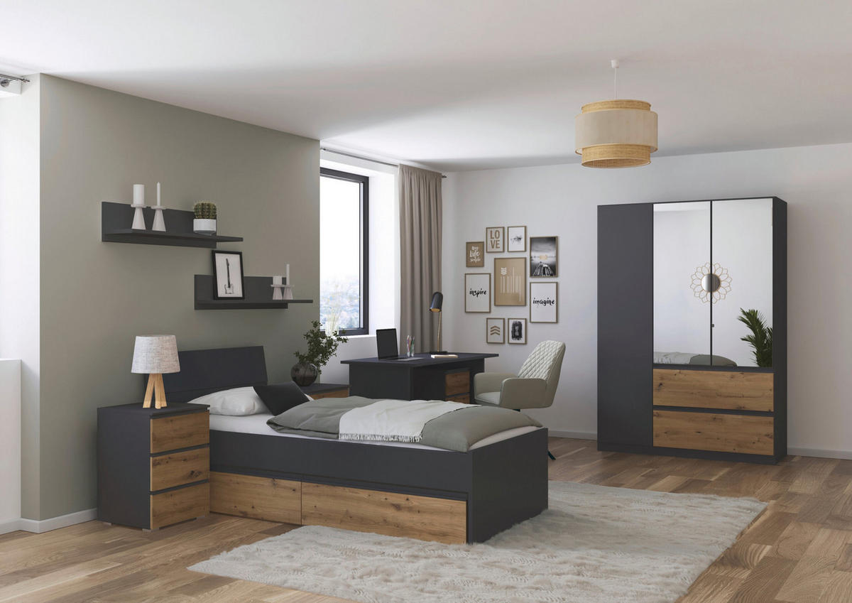 JUGENDZIMMER Joel in Grau Metallic und Artisan Eiche 5 teilig – mit 3trg Kleiderschrank, 90er Bett, Nachttisch, Schreibtisch und Rollcontainer - Grau, Holzwerkstoff (80/200/120cm)