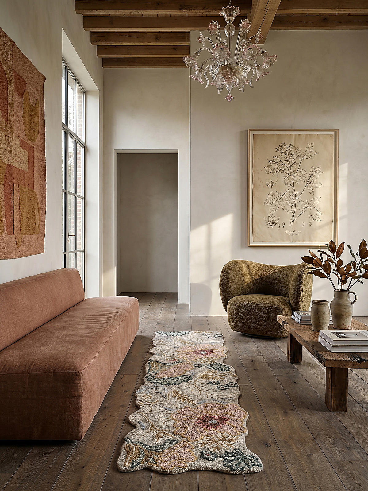 WOLLTEPPICH Shaped Botanisch Floral, Wohnzimmer Hellrosa Läufer 60x230 - Rosa, Textil (230/60cm) - KADIMA DESIGN