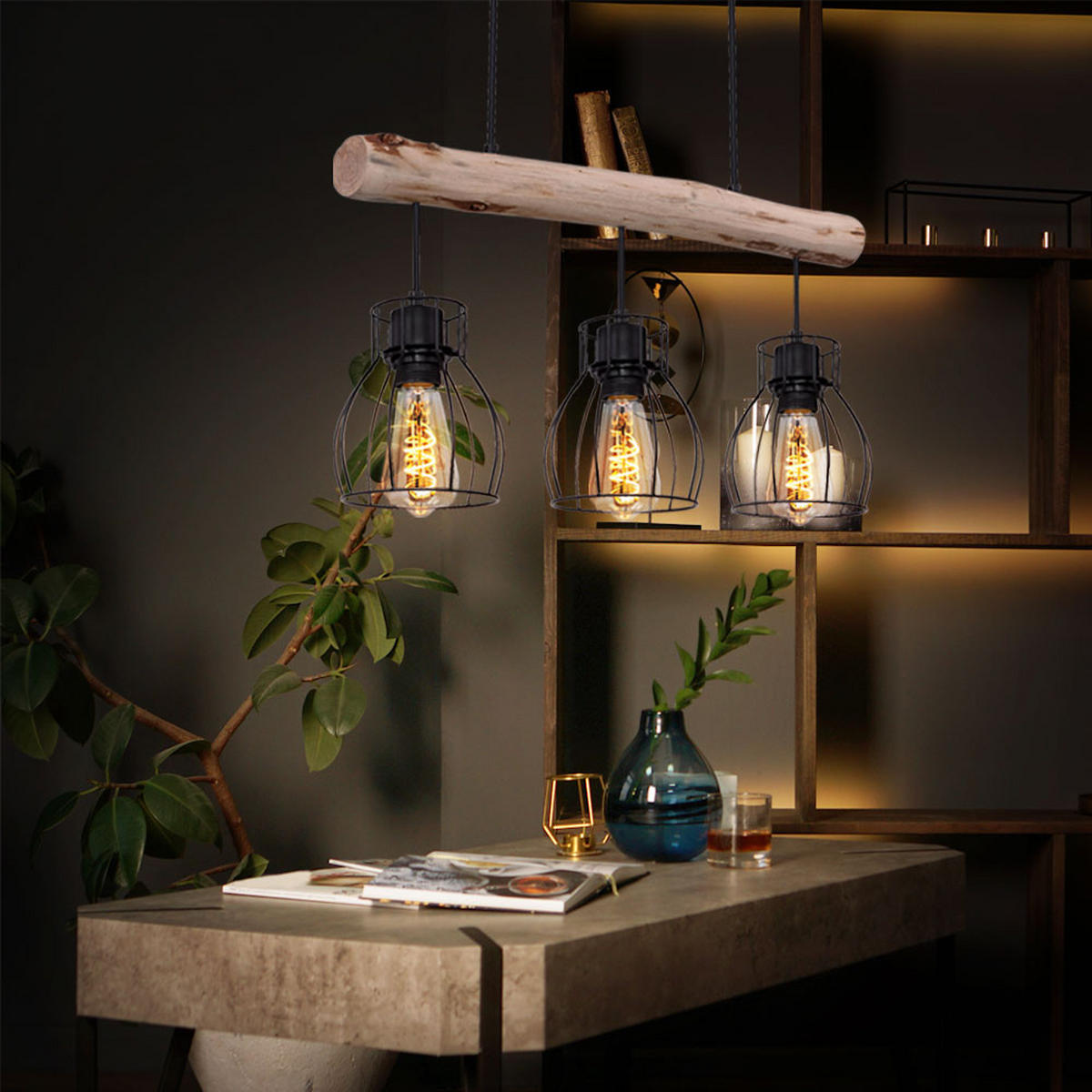 HÄNGELEUCHTE Käfig Design Schwarz Holz - Schwarz, Holz (60/13.6/140cm) - Globo Lighting
