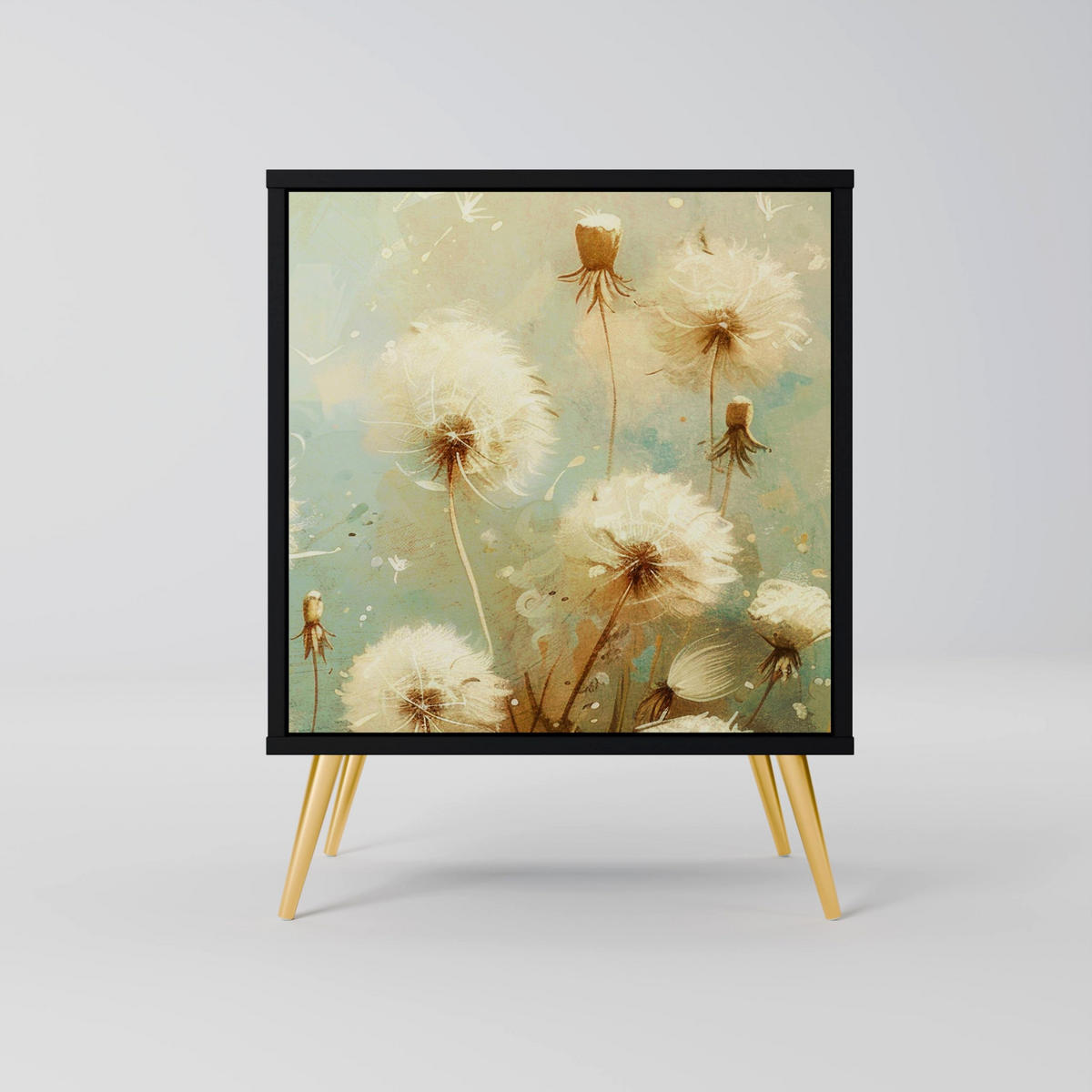 SIDEBOARD DREAMY MEADOW, Schwarz, 57,5x42x75,5 cm, Goldfarbene Metallfüße - Goldfarben/Multicolor, Holzwerkstoff/Metall (57.5/75.5/42cm) - SpaceRebels