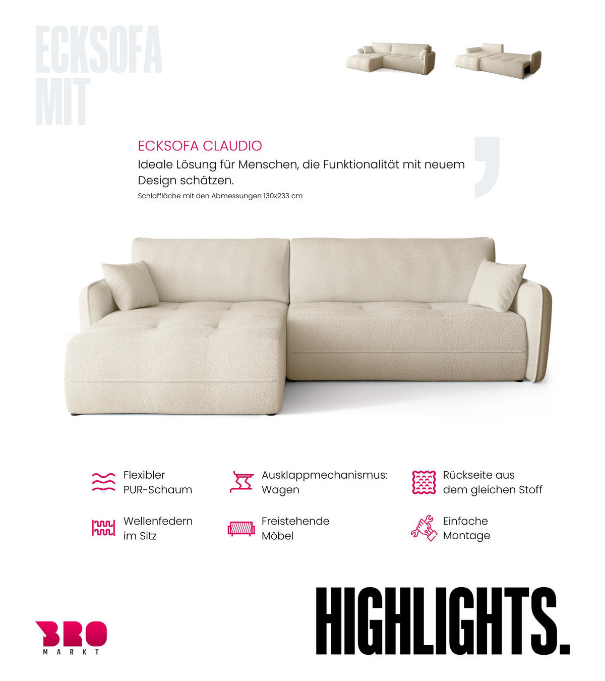 ECKSOFA CLAUDIO mit Schlaffunktion Beige - Beige, Textil (263/150cm) - Bromarkt