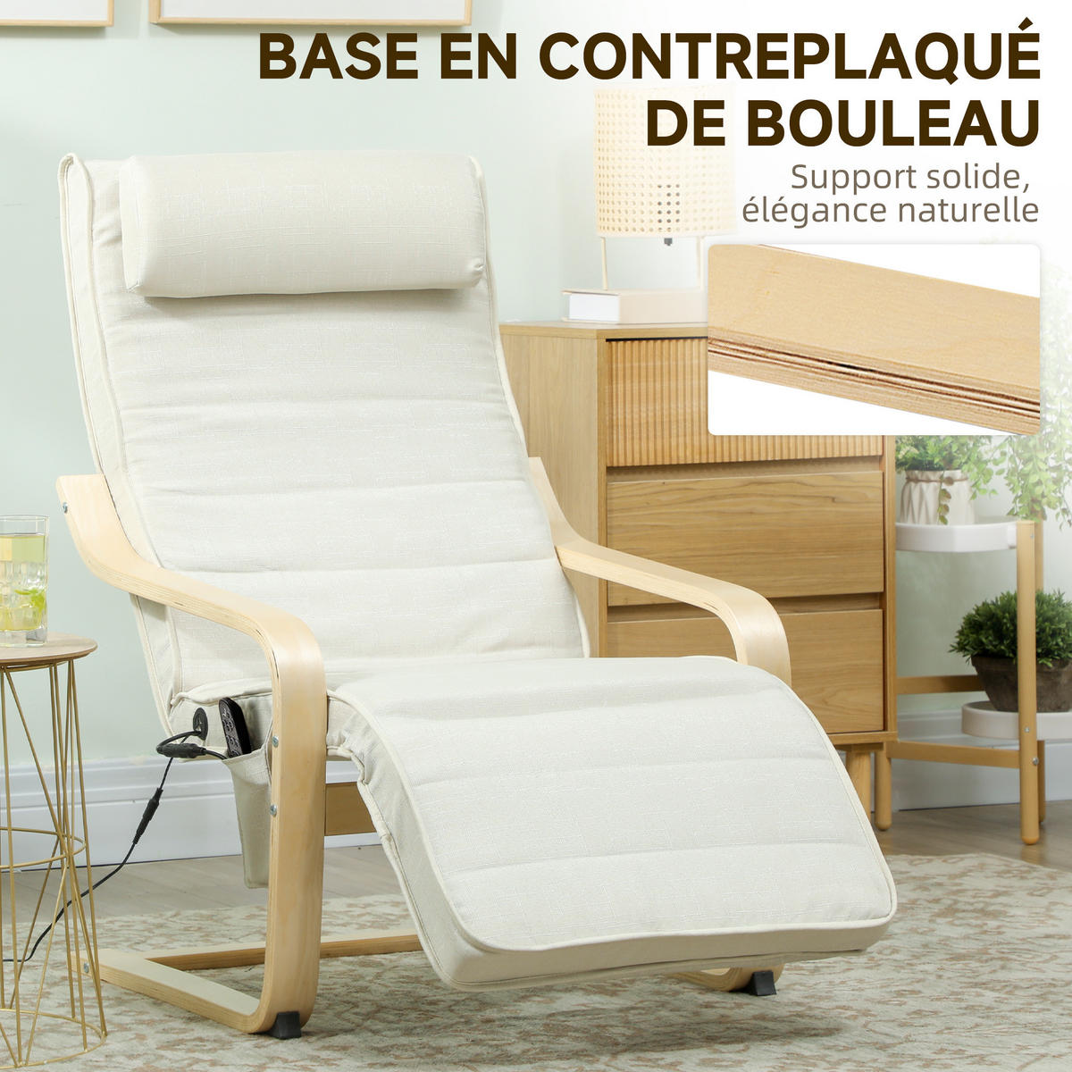 RELAXSESSEL DE-13284 Massagefunktion & beheizbare Lordosenstütze Creme - Weiß, Holz (67/101/95cm) - ComfortXL