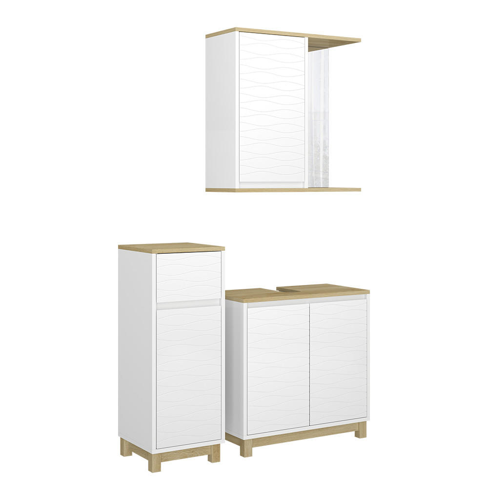 BADRUMSMÖBELSET Livia Vit/ek 3 stycken, med midiskåp Vit, Ekfärgad 60/60/30 cm