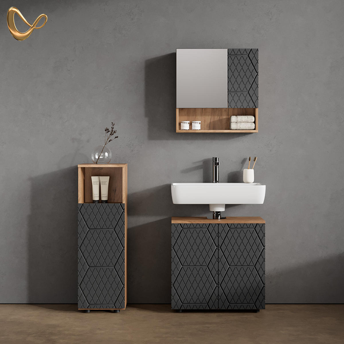 BADMÖBEL-SET Ronco Anthrazit gestreift 3 Teile - Anthrazit, Holzwerkstoff (60/59/30cm) - Livinity®