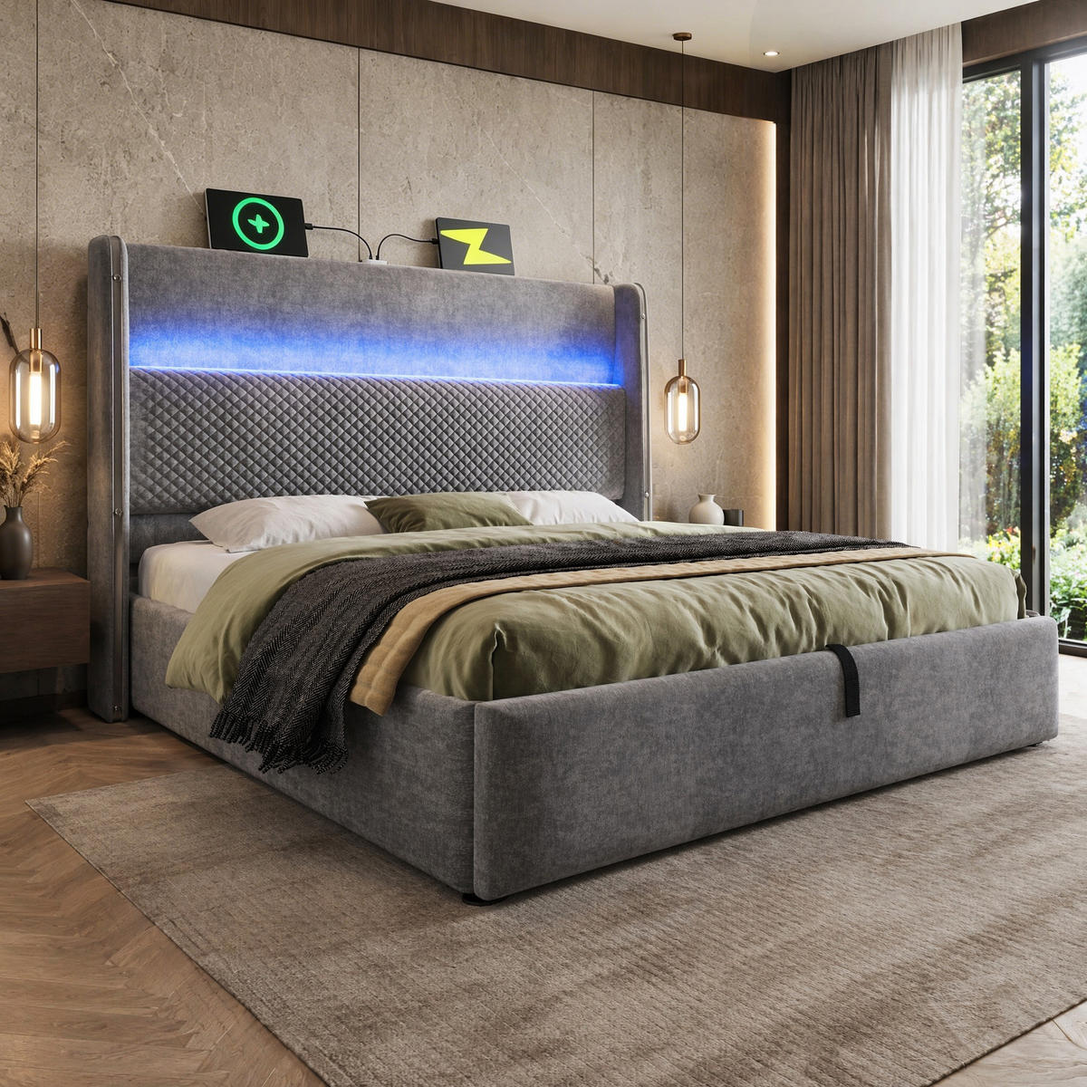 POLSTERBETT 140/200 cm in Grau mit Bettkasten, LED, USB und Type-C Leinen Design - Grau, Holzwerkstoff/Textil (140/200cm) - STILVORA