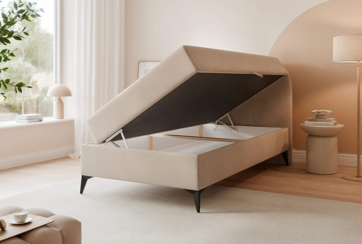 BOXBETT NOELIA 100/200 cm Öffnung rechts, mit Matratze, Beige - Beige, Holzwerkstoff/Textil (100/200cm) - Idohome