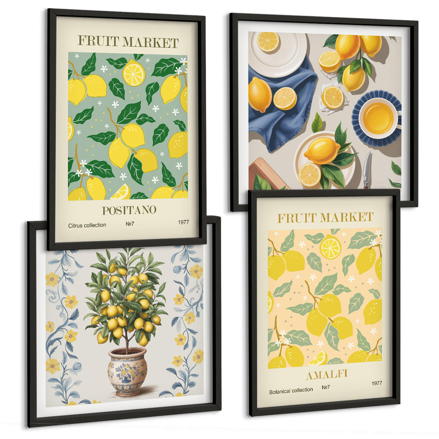 BILDER SET 4er Set - 50x50 cm & 40x60 cm Schwarzer Rahmen - Zitrusfrüchte aus Italien - Schwarz, Kunststoff (50/50cm) - TULUP