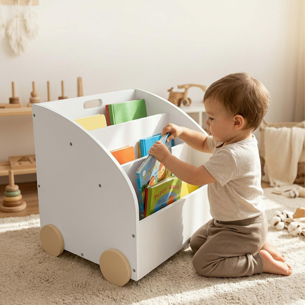 BIBLIOTECĂ Alb natural copii 3-compartimente cu roți - alb, compozit lemnos (46/43.5/40cm) - Relaxdays