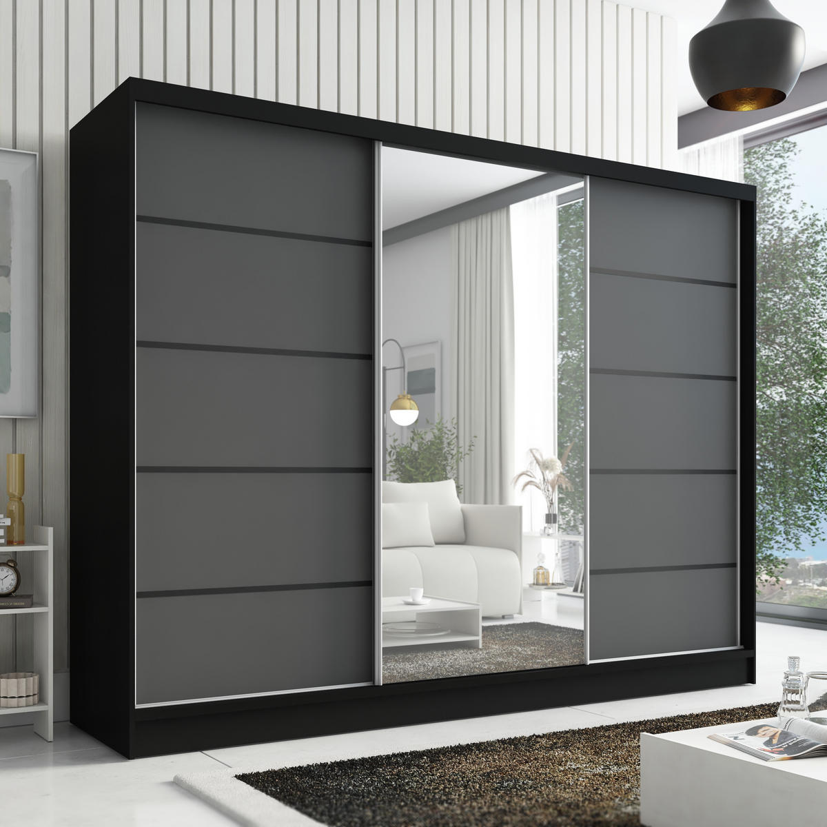 SCHWEBETÜRENSCHRANK 200 cm AURELIA 2 Farbe: Schwarz, Graphit - Schwarz/Graphitfarben, Holzwerkstoff (200/215/60cm) - A&J MöbelLand