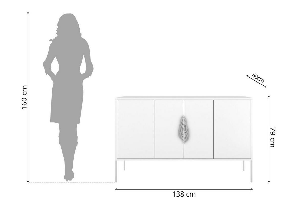 SIDEBOARD Merlin, Weiß, Silberne Details - Silberfarben/Weiß, Holzwerkstoff/Metall (138/79/40cm) - Skandica