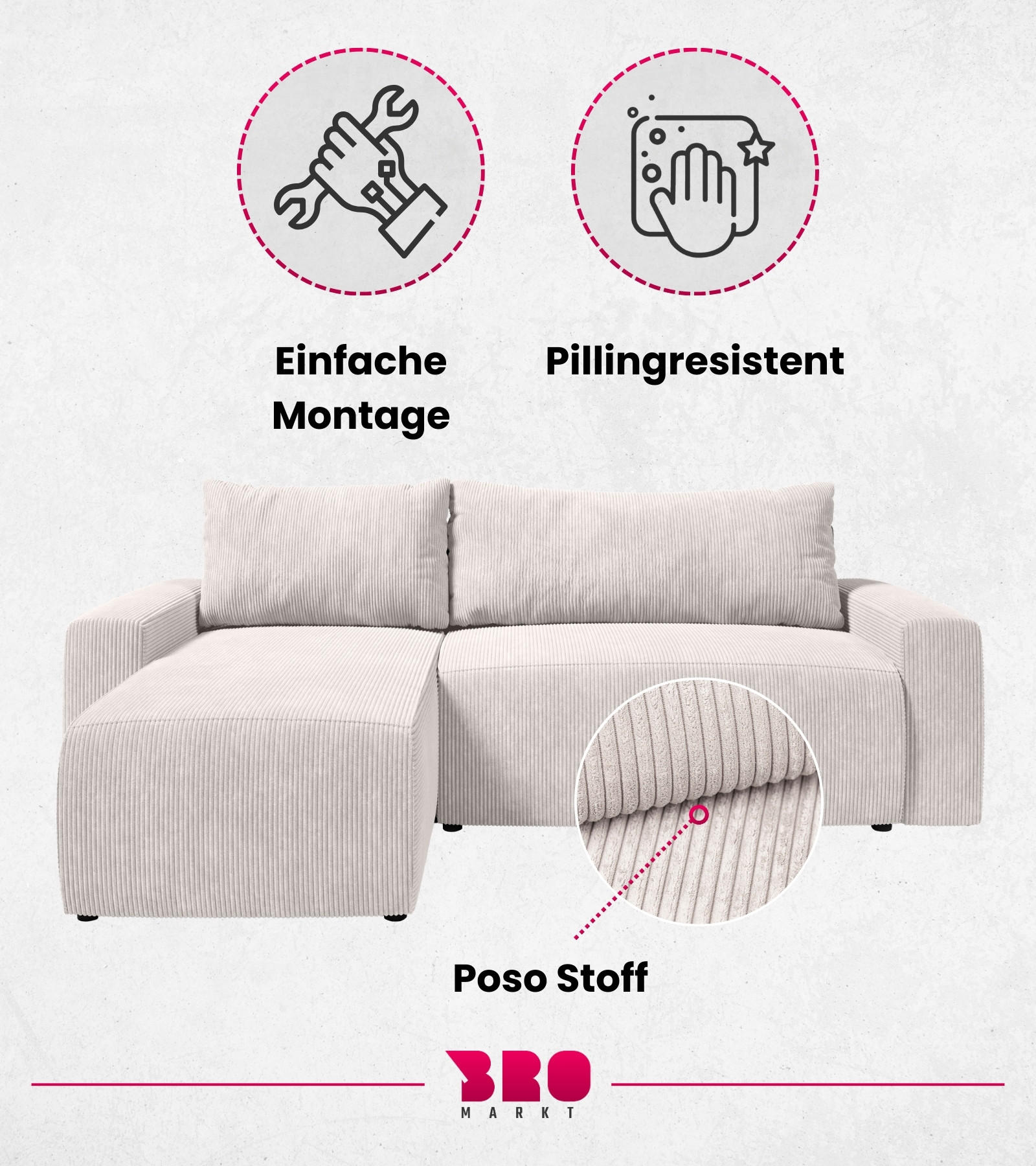Thumbnail - Bromarkt Ecksofa, Weiß, Textil, 3-Sitzer, Füllung: Federn, L-Form,L-Form, 240x145 cm, Wohnzimmer, Sofas & Couches, Wohnl...