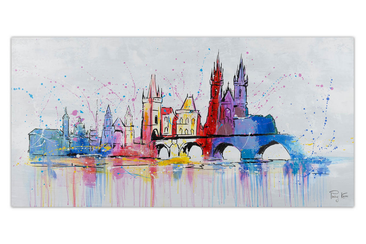 RUČNE MAĽOVANÝ AKRYLOVÝ OBRAZ 120/60 cm, sivý, krajinný motív - sivá, drevo/textil (120/60cm) - KUNSTLOFT