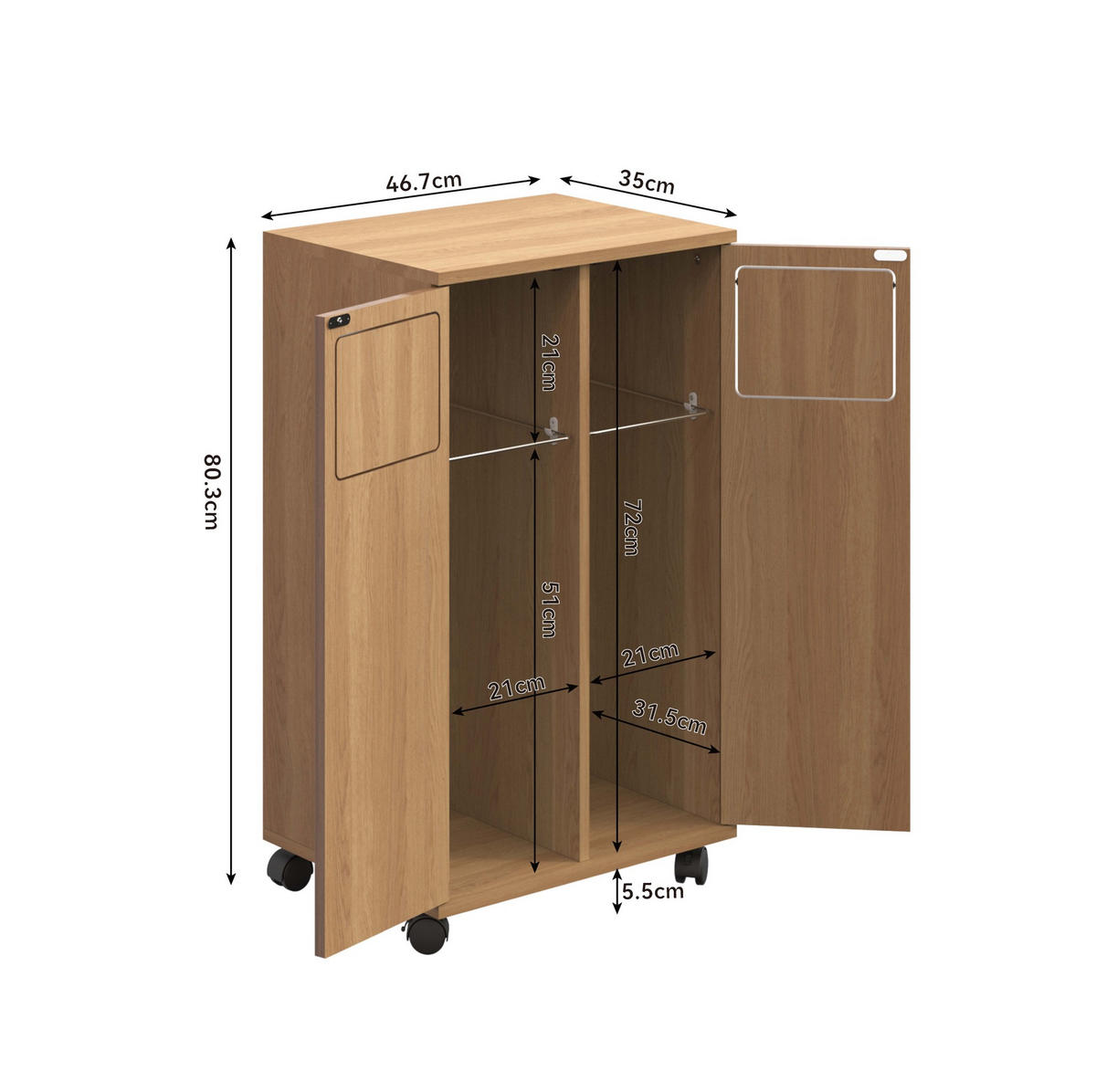 KOMMODE 46,7/80/35 cm Natur aus MDF mit Rollen - Naturfarben, Holzwerkstoff (35/80/46.7cm) - OKMYHOME
