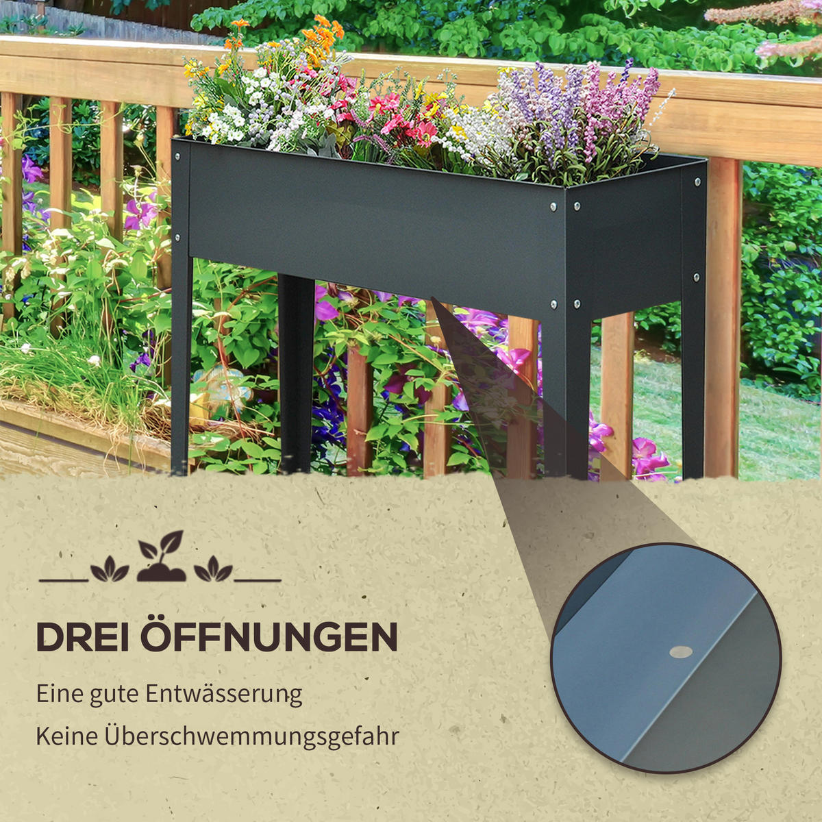 HOCHBEET, Kräuterbeet, Pflanzkasten mit 3 Abflusslöchern, Metall, Dunkelgrau - Dunkelgrau, Metall (30/80/100cm) - Outsunny