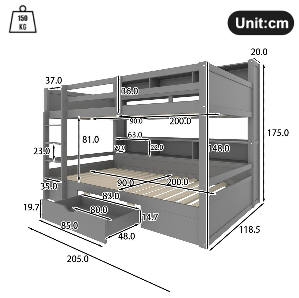 ETAGENBETT aus Kiefernholz und MDF 90x200 cm Grau mit Schublade und Ablagefächern - Grau, Holzwerkstoff (90/200cm) - IVMEU
