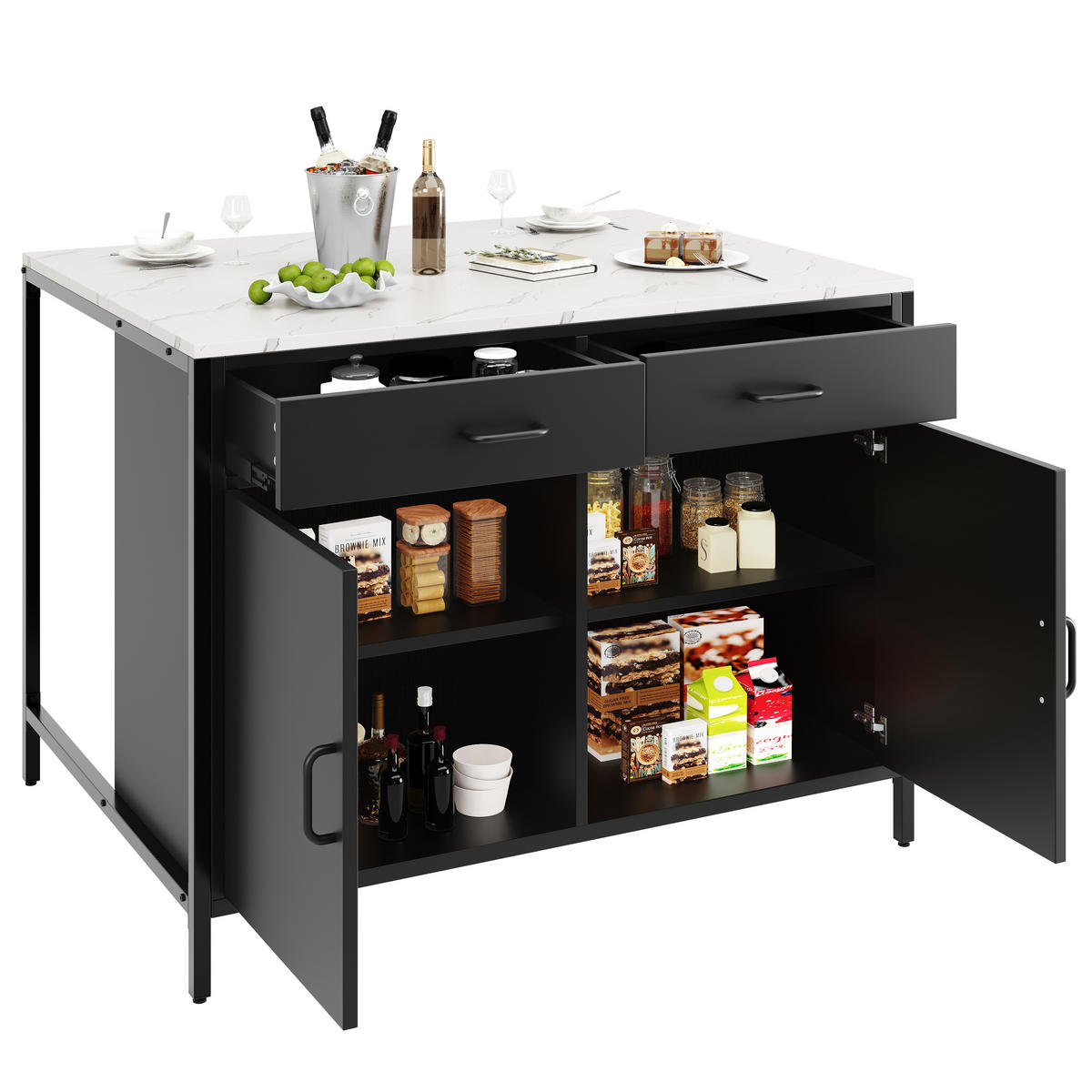 STEHTISCH 100x90x90cm Schwarz Marmoroptik mit 2 Schubladen & Eisenbeinen - Schwarz, Holzwerkstoff (100/90/90cm) - Modfu