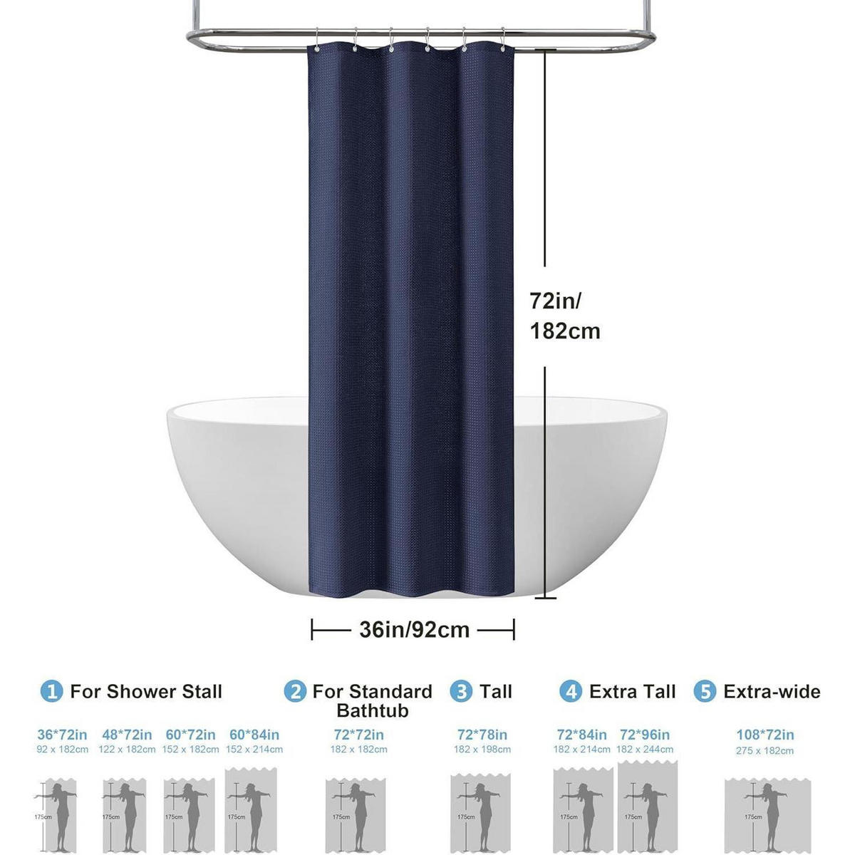 DUSCHVORHANG Waffel 92 x 182 cm Marineblau - Dunkelblau, Textil (92/182cm)