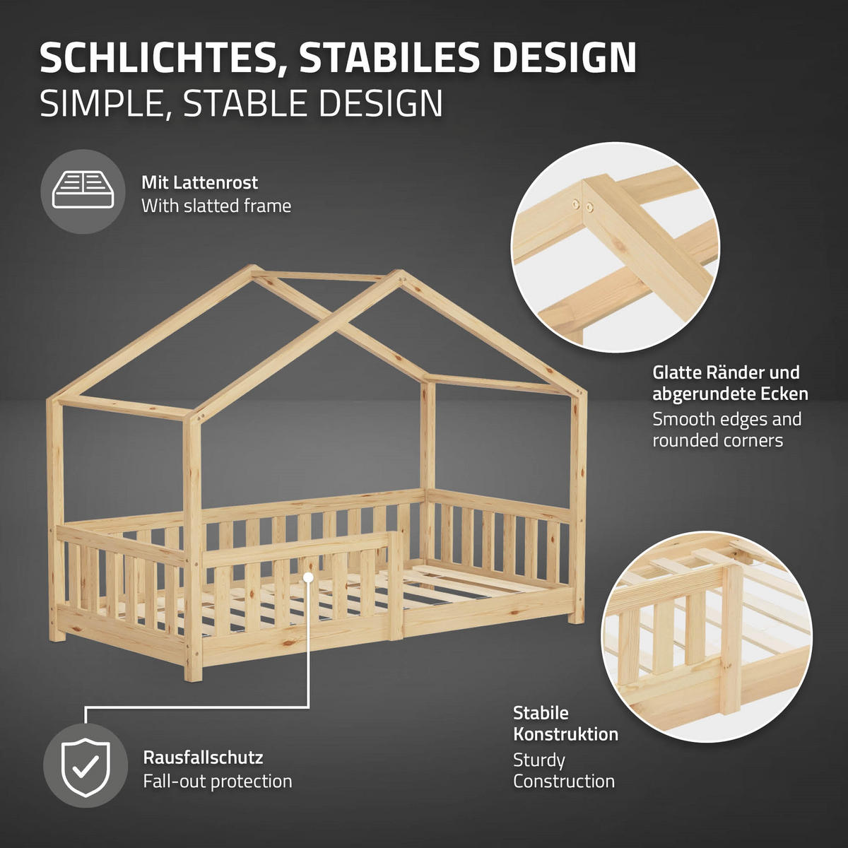 HAUSBETT 80x160 cm Natur aus Kiefernholz mit Rausfallschutz - Beige, Holz (80/160cm) - ML-DESIGN