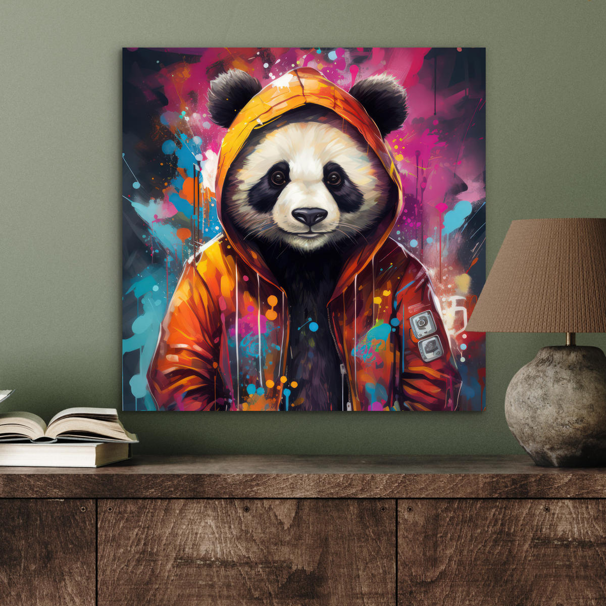 METALLBILD Panda - Jacke - Graffiti - Orange 50x50 cm - Orange, Metall (50/50cm) - MuchoWow