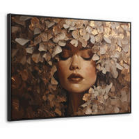 LEINWAND Bilder mit Rahmen - Gesicht - Dame - Blätter - Pinselstriche - 100x70 - Goldfarben, Textil (100/70cm) - MuchoWow