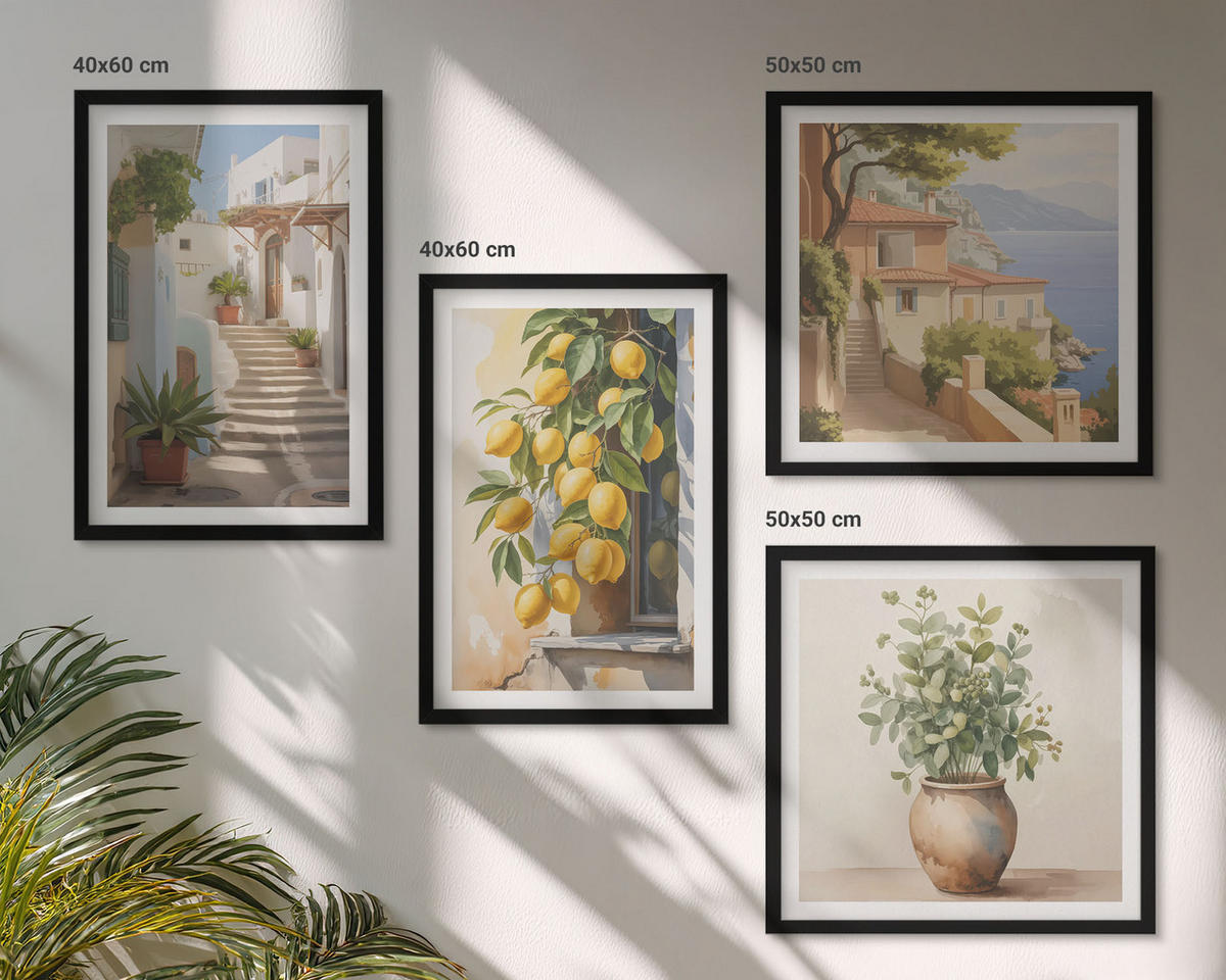 WANDBILDER 4er-Set - 50x50 cm & 40x60 cm Schwarzer Rahmen - Zitronenblumen im Topf, Straßen - Schwarz, Kunststoff (50/50cm) - ArtPrintCave