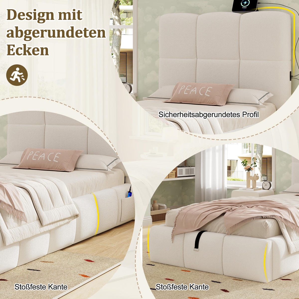 KINDERBETT 90/200 cm aus Bouclé mit Stauraum und USB-C-Anschluss Beige - Beige, Textil (90/200cm) - Modenvie