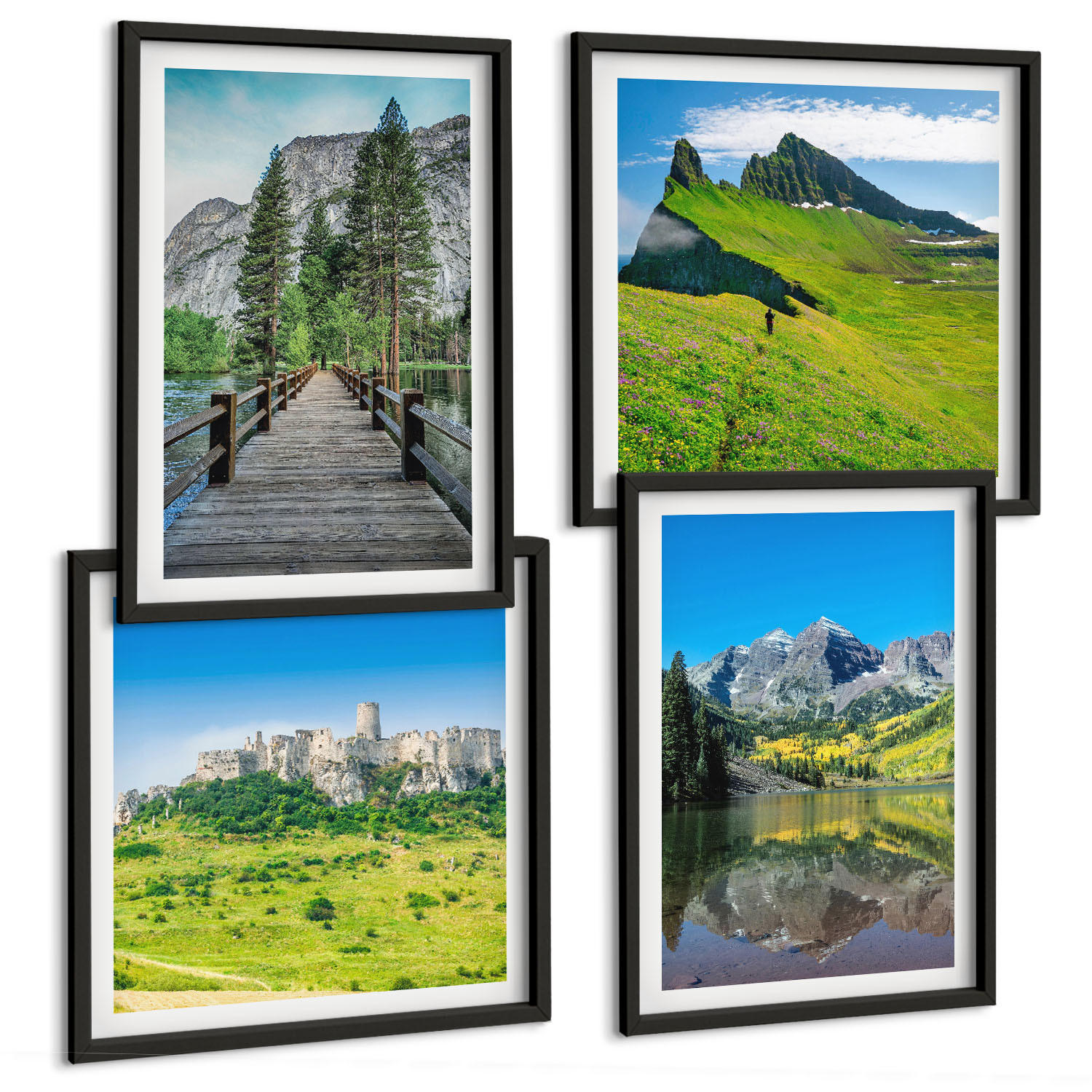 BILDER SET 4er Set - 50x50 cm & 40x60 cm Schwarzer Rahmen - Grüne Hügel mit einer Burg - Schwarz, Kunststoff (50/50cm) - TULUP