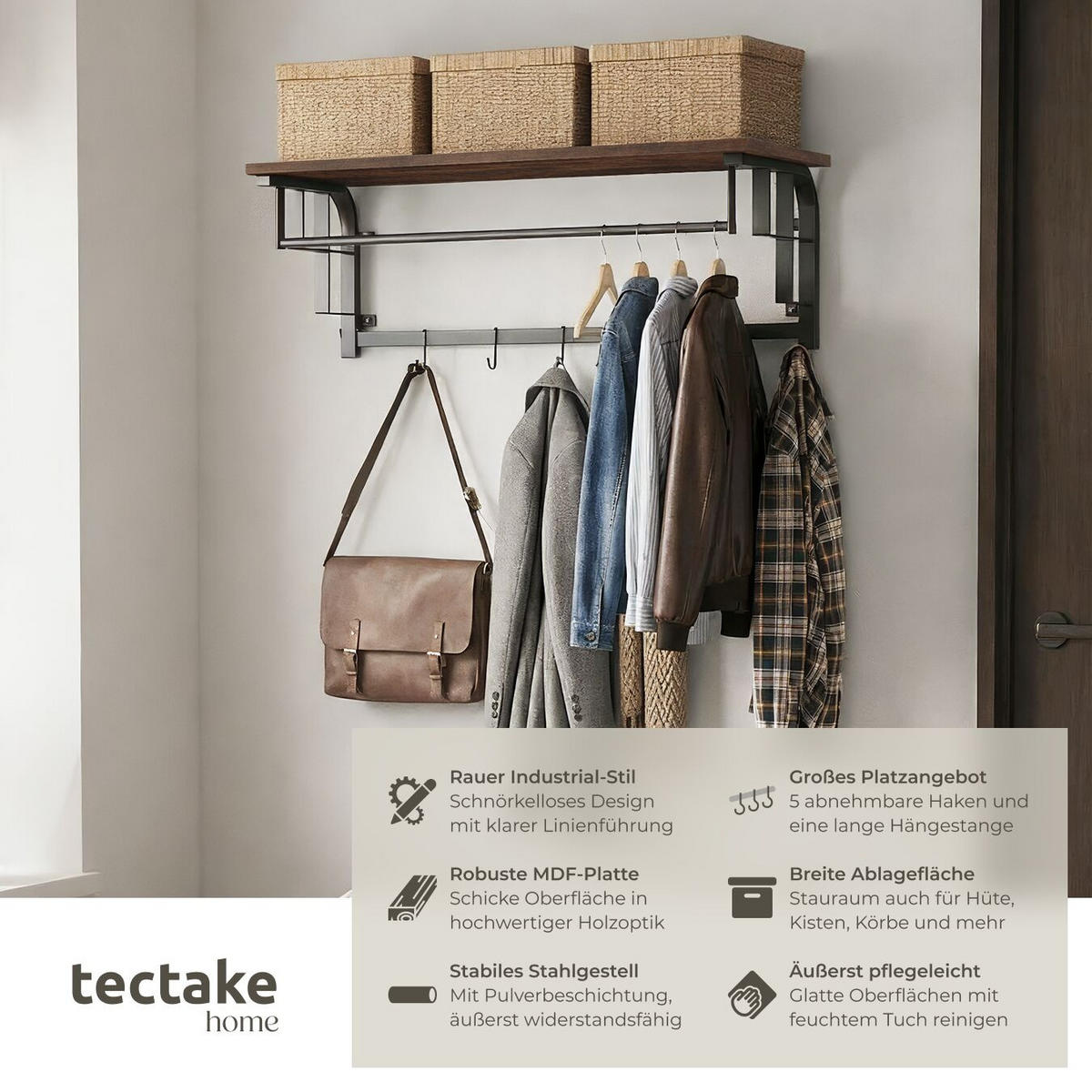 WANDGARDEROBE Westwood, 66 x 30 x 27 cm, Industrial Holz dunkel, rustikal - Rostfarben, Holz (66/27/30cm) - tectake