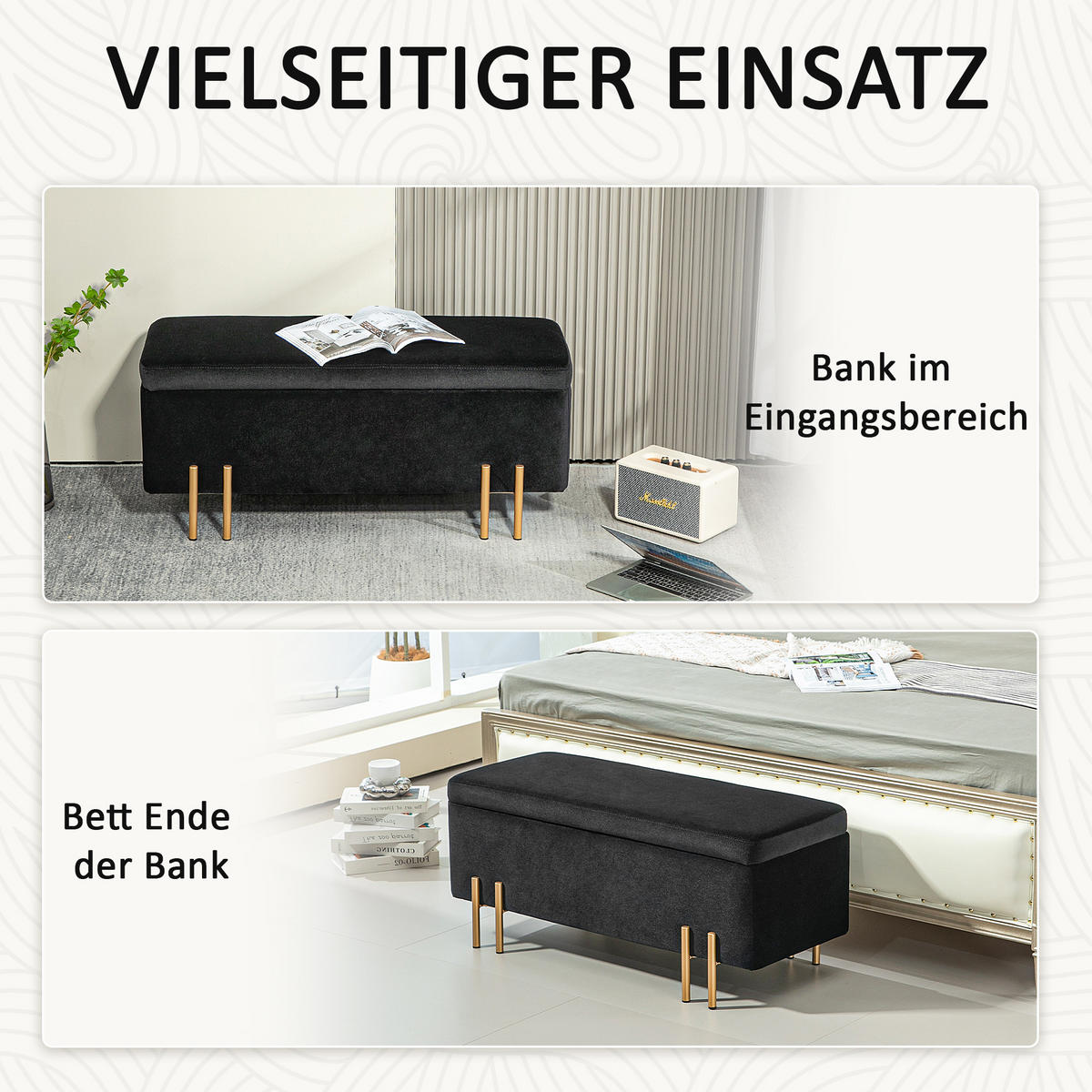 GEPOLSTERTE Sitzbank mit Stauraum, Metall, Kautschukholz, Schaumstoff Schwarz - Schwarz, Textil (40/42/100cm) - HOMCOM