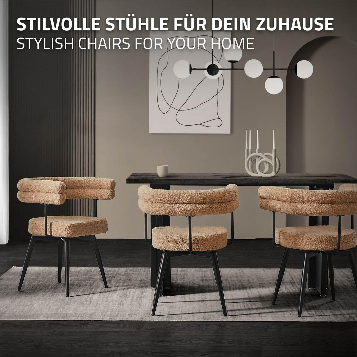 ESSZIMMERSTÜHLE drehbar 6er Set Braun Teddy-Stoff - Schwarz/Braun, Textil/Metall (63/75/55cm) - ML-DESIGN