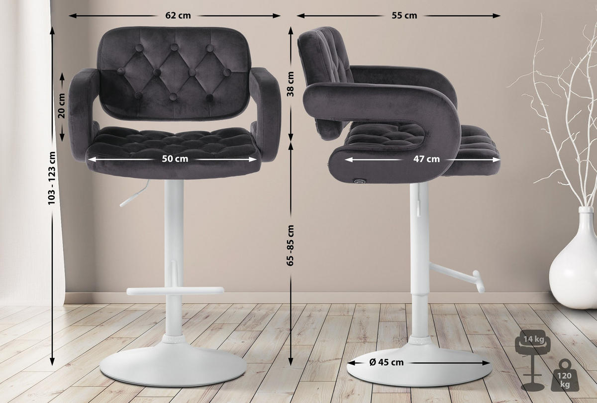 BARHOCKER Samt dunkelgrau - Dunkelgrau/Weiß, Textil (62/103/55cm) - CLP