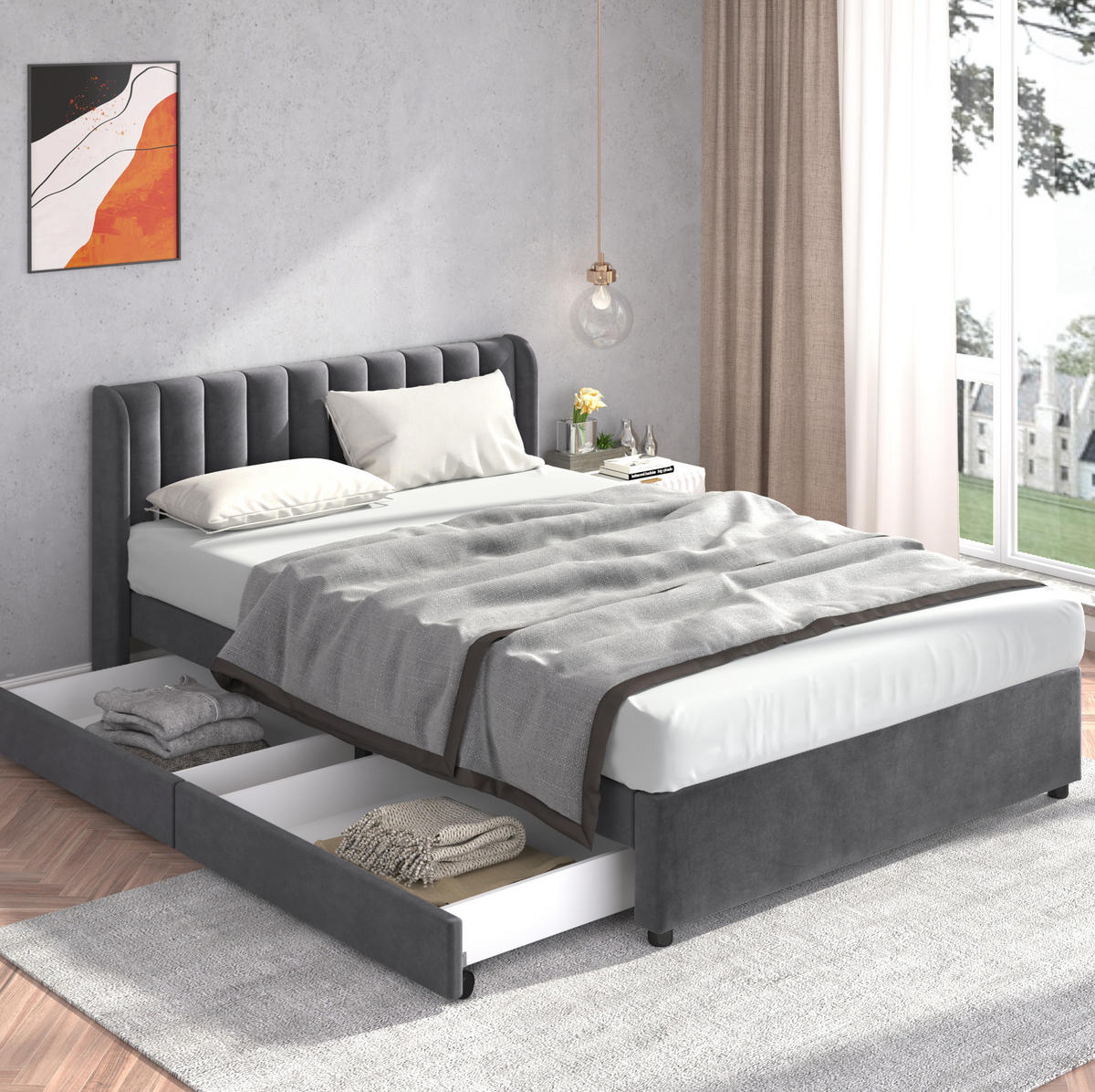 POLSTERBETT mit 2 Schubladen 140x200 cm Samt Gray - Grau, Holz (140/200cm) - Meubliv