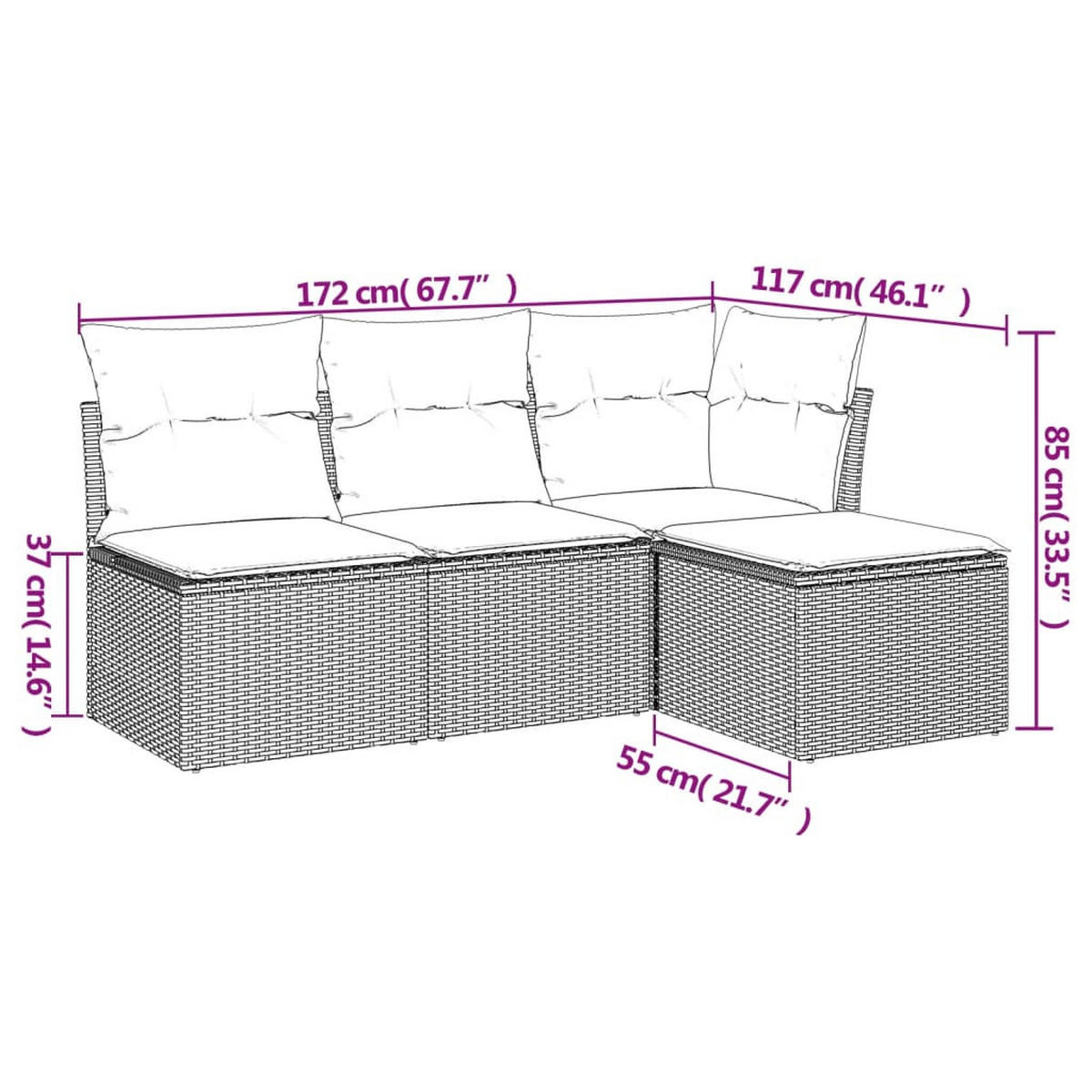 LOUNGEGARNITUR mit Auflagen, 117/172 cm, aus Poly Rattan, Grau, 4-teiliges Set - Grau, Kunststoff - vidaXL