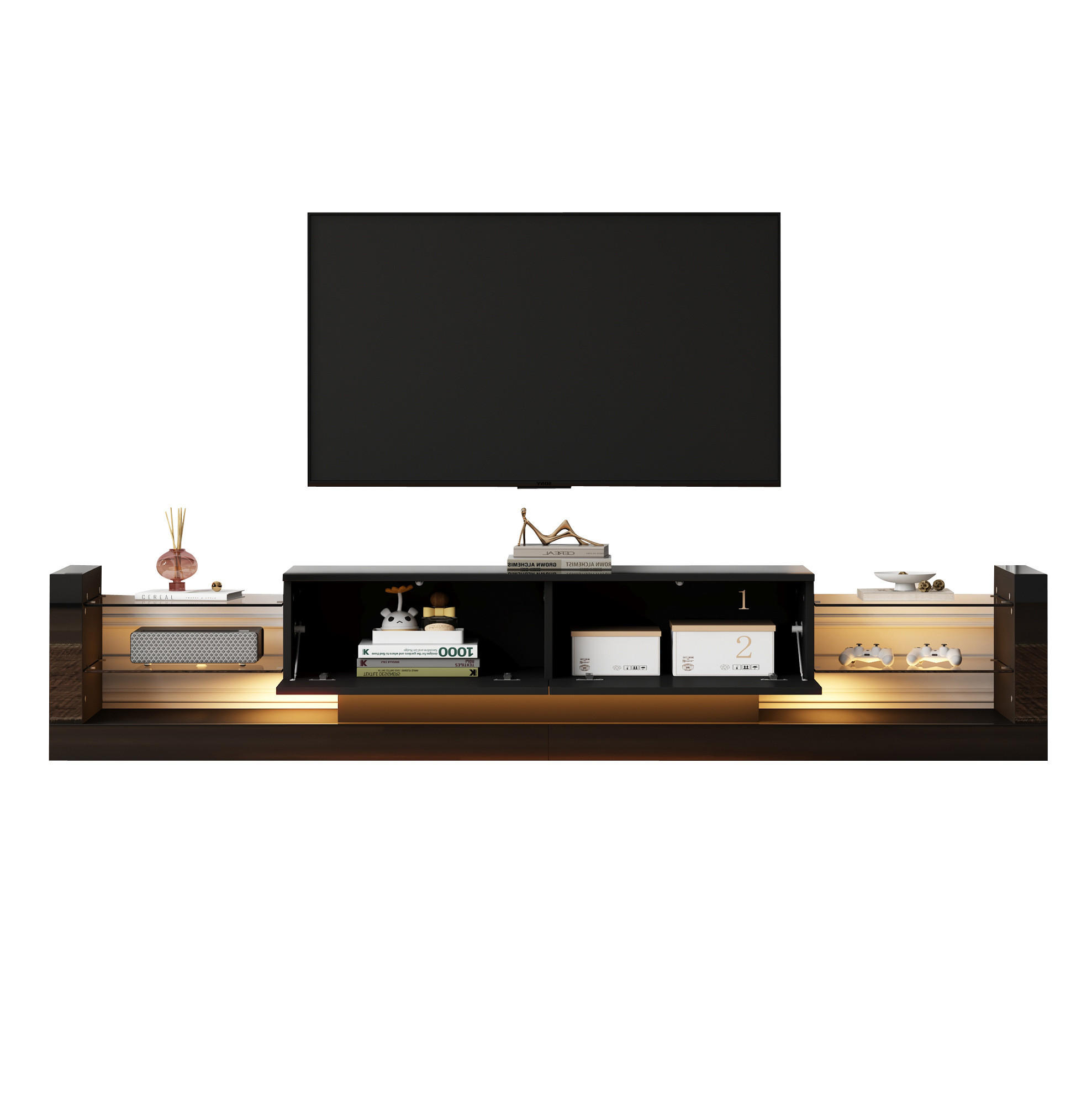 Modfu TV stolek z dřevotřísky 181x38x38 cm černý s LED osvětlením, skleněným čelem a 2 výklopnými úložnými díly