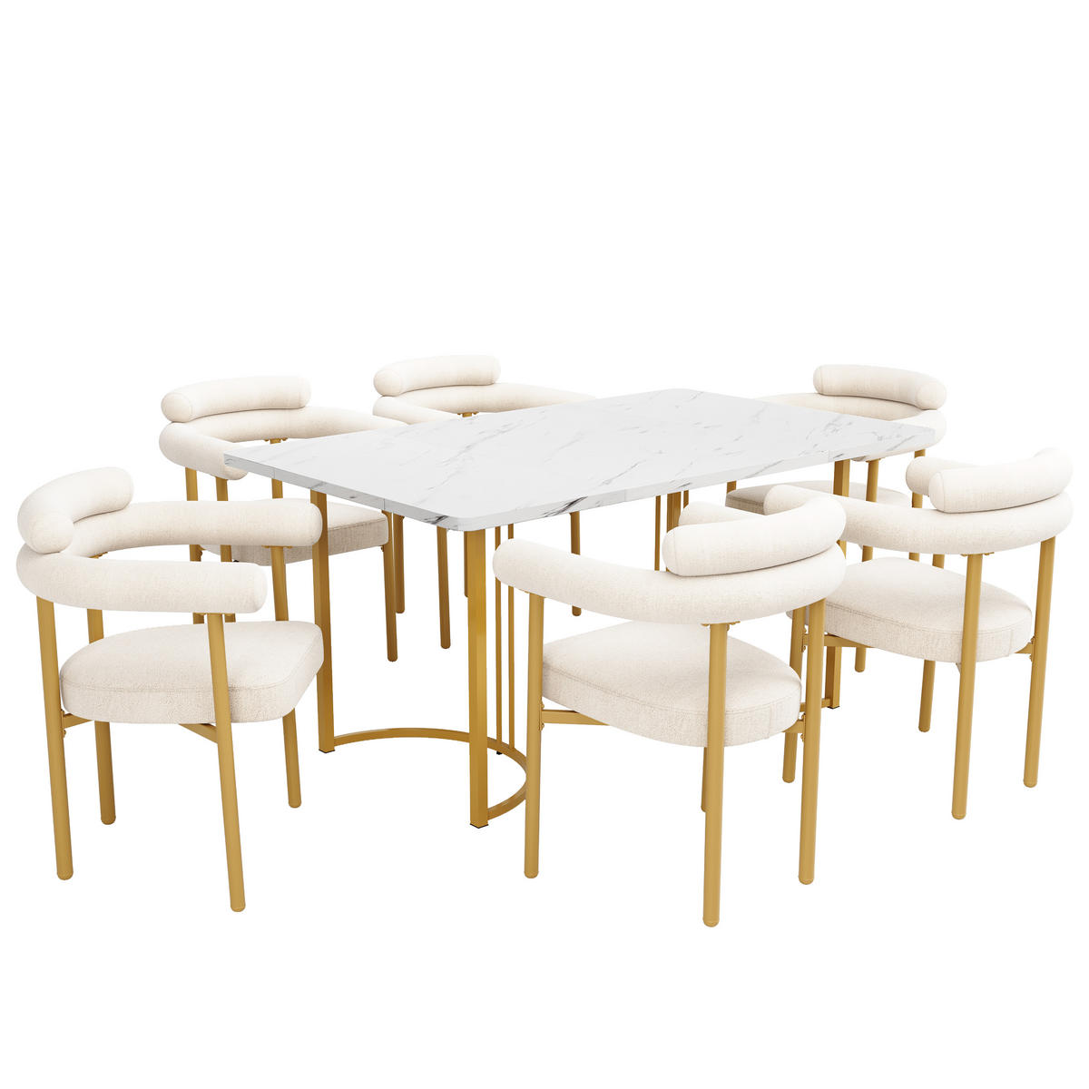 ESSTISCHSET 7-Teilig Mit Metallbeinen, 6 Creme Wildledersessel, Gold - Multicolor, Metall (140/75/80cm) - FLIEKS