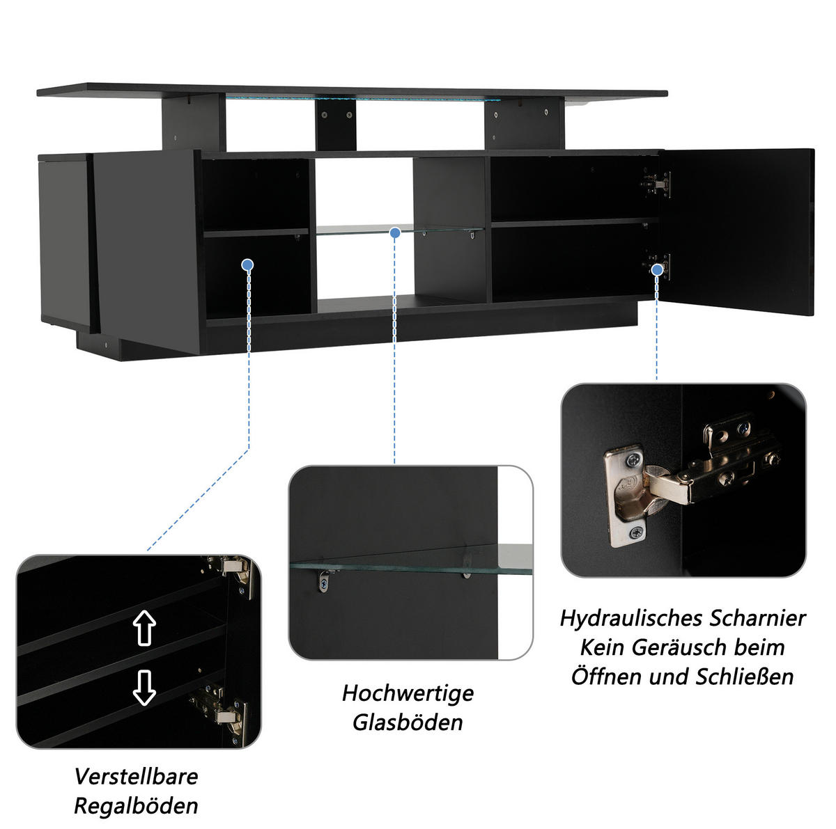 TV-SCHRANK 140/35/55 cm aus Spanplatte mit App-gesteuerter LED-Beleuchtung, 2 Hochglanz-Türen und 5 offenen Fächern, Schwarz - Schwarz, Holzwerkstoff (140/55/35cm) - Redom