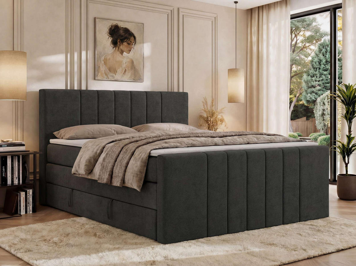 BOXSPRINGBETT INERO DUO KING 180/200 - Dunkelgrau Stukture - Topper Visco - H3 - Dunkelgrau/Schwarz, Kunststoff/Textil (180/200cm) - MKS