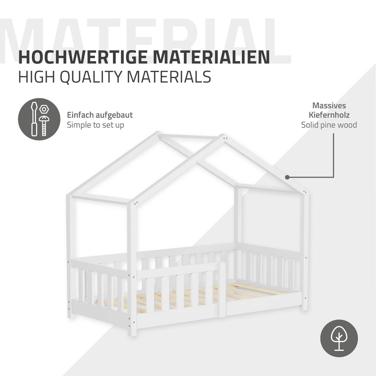 HAUSBETT 70x140 cm Weiß aus Kiefernholz mit Rausfallschutz - Weiß, Holz (70/140cm) - ML-DESIGN
